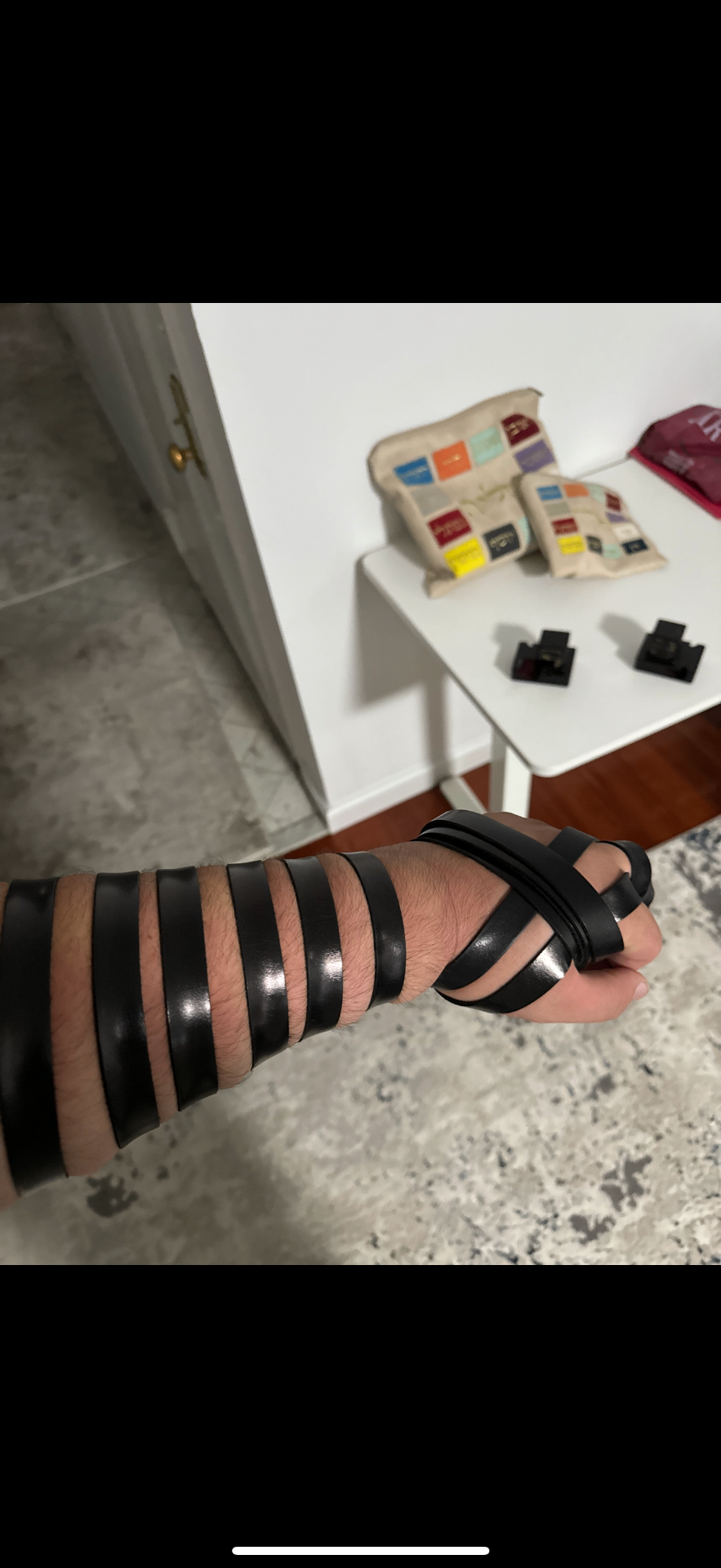 Close-up of tefillin straps